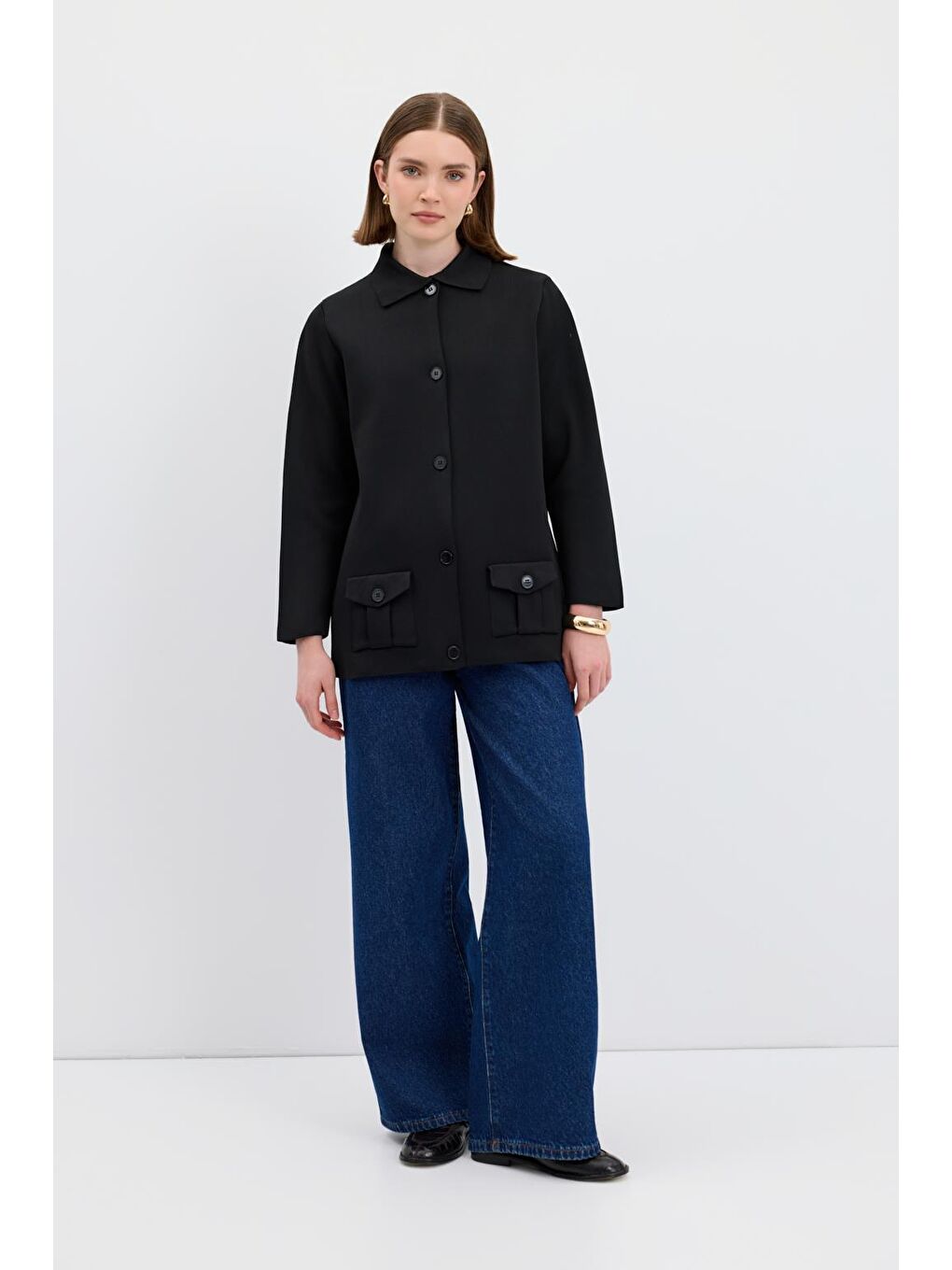 Düz Renk Cepli Triko Hırka Siyah-1