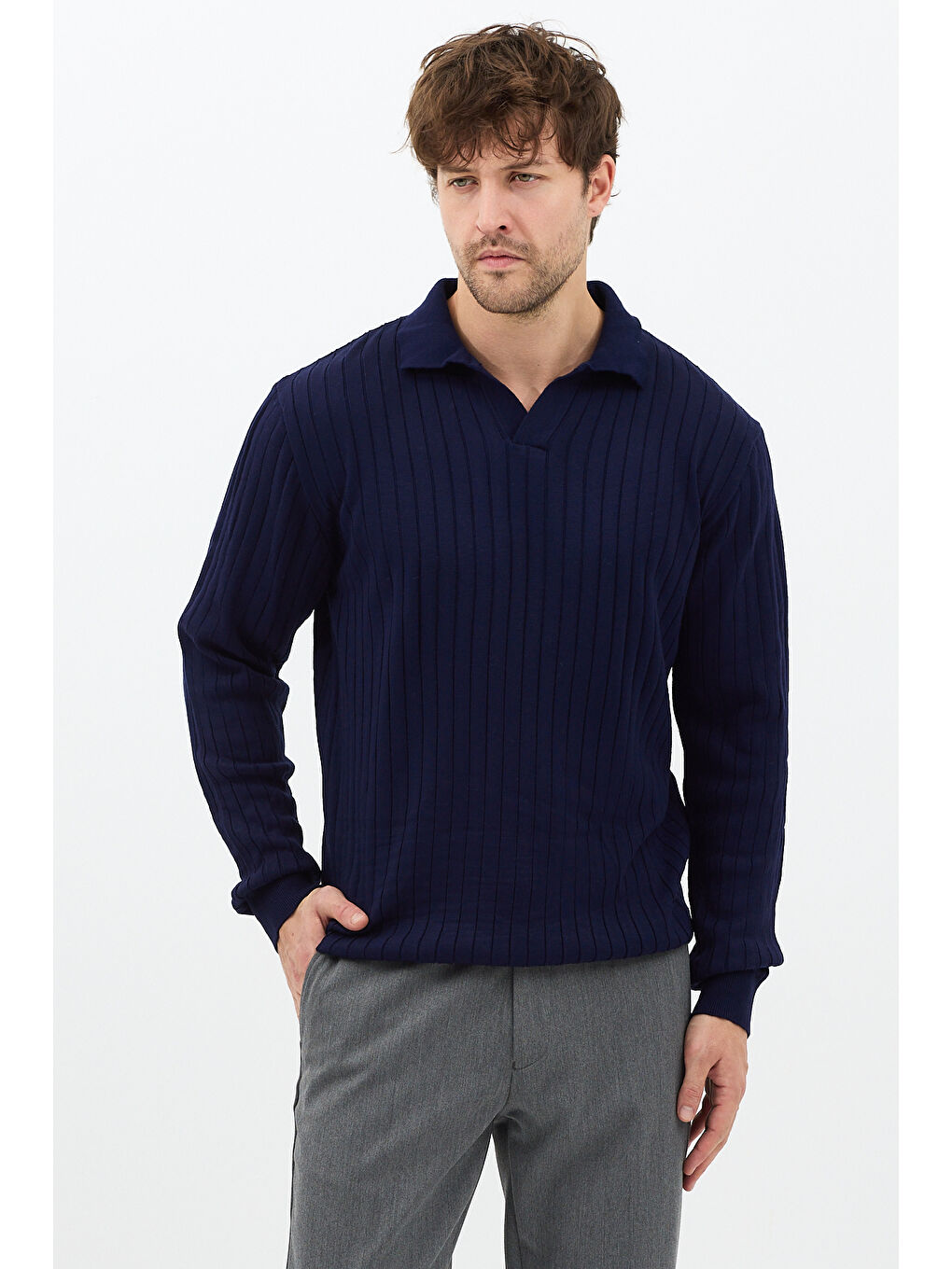 Lacivert Erkek Polo Yaka Fitilli Triko Kazak-1