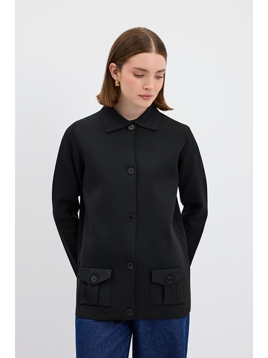 Düz Renk Cepli Triko Hırka Siyah-2