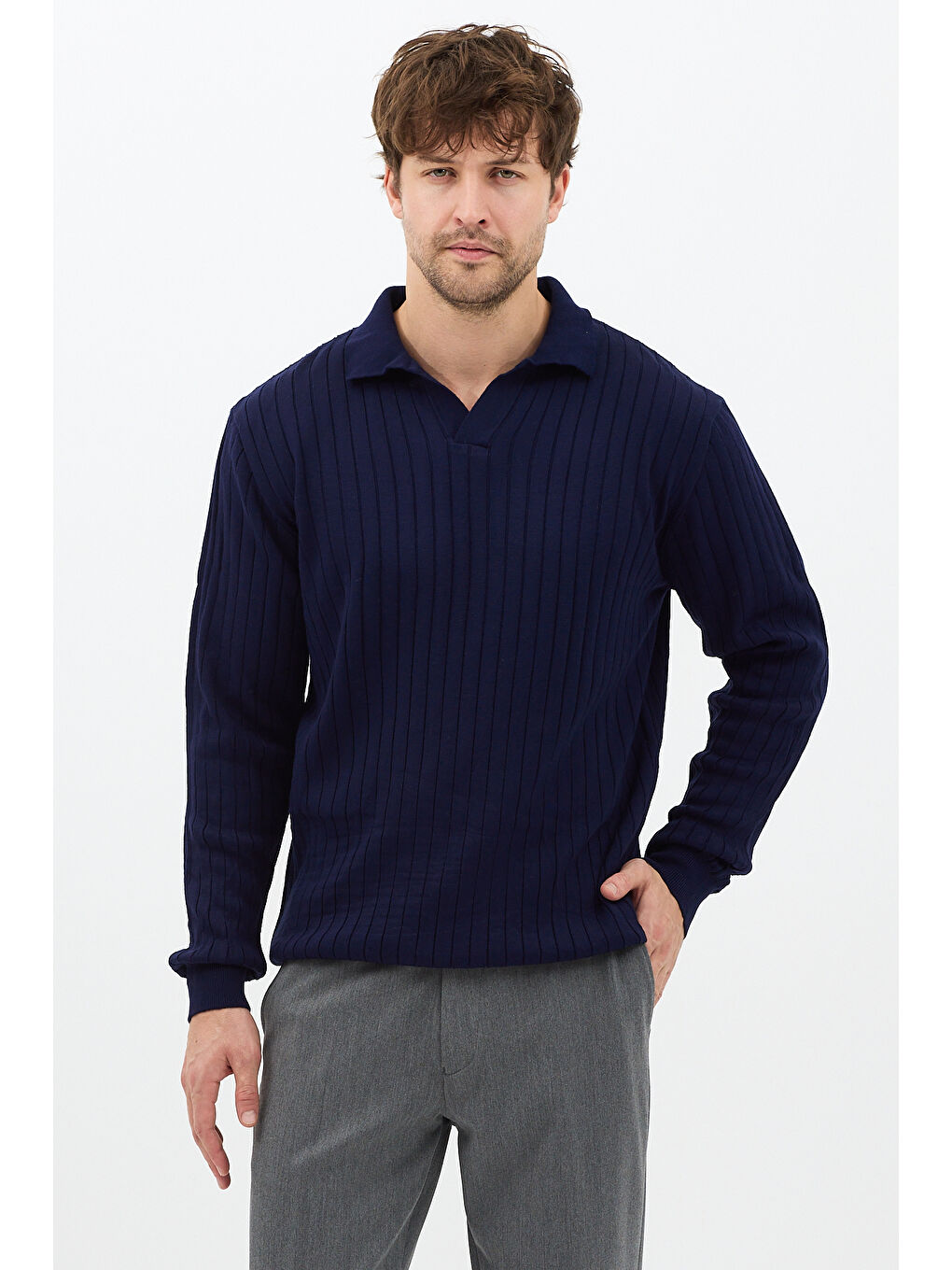 Lacivert Erkek Polo Yaka Fitilli Triko Kazak-2