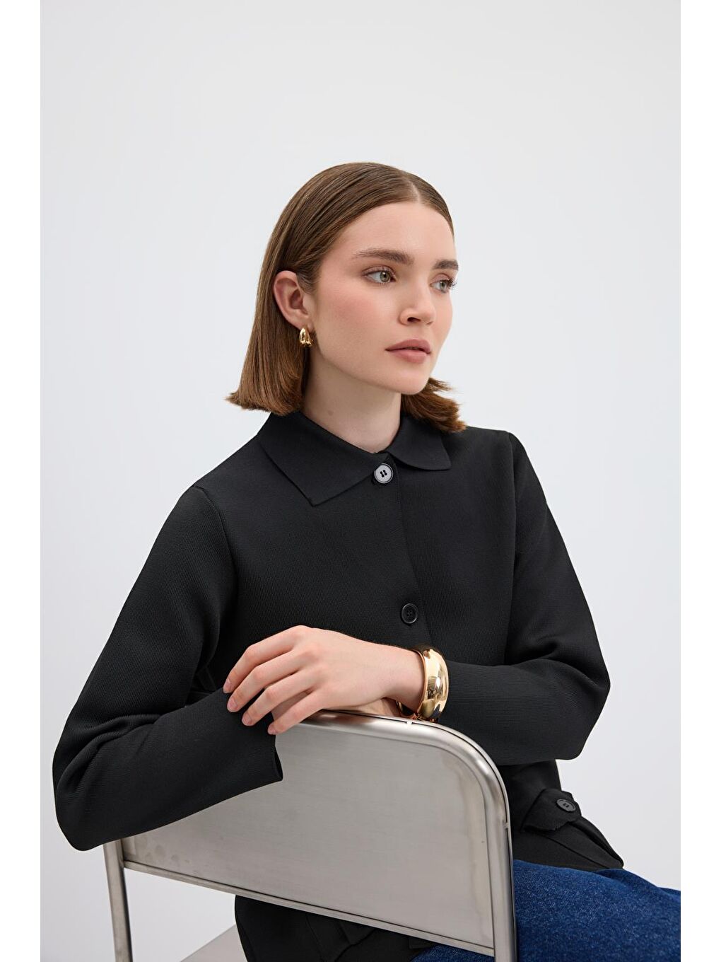 Düz Renk Cepli Triko Hırka Siyah-3