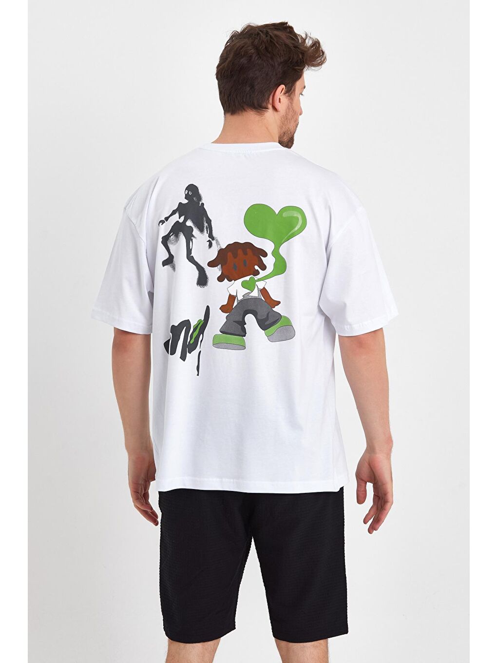 Beyaz Oversize Fit Bisiklet Yaka %100 Pamuk Sırt Baskılı Erkek Tişört RF0409-4