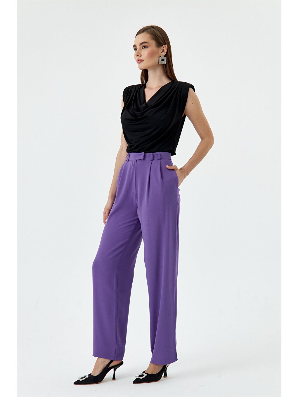 Pileli Palazzo Mor Kadın Pantolon-2