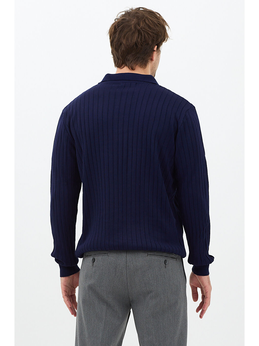 Lacivert Erkek Polo Yaka Fitilli Triko Kazak-4