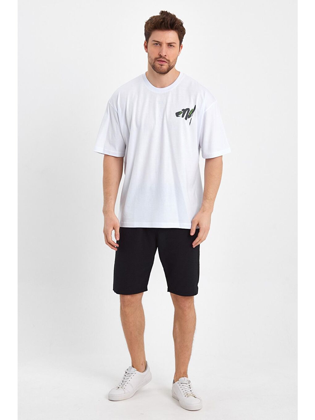 Beyaz Oversize Fit Bisiklet Yaka %100 Pamuk Sırt Baskılı Erkek Tişört RF0409-5