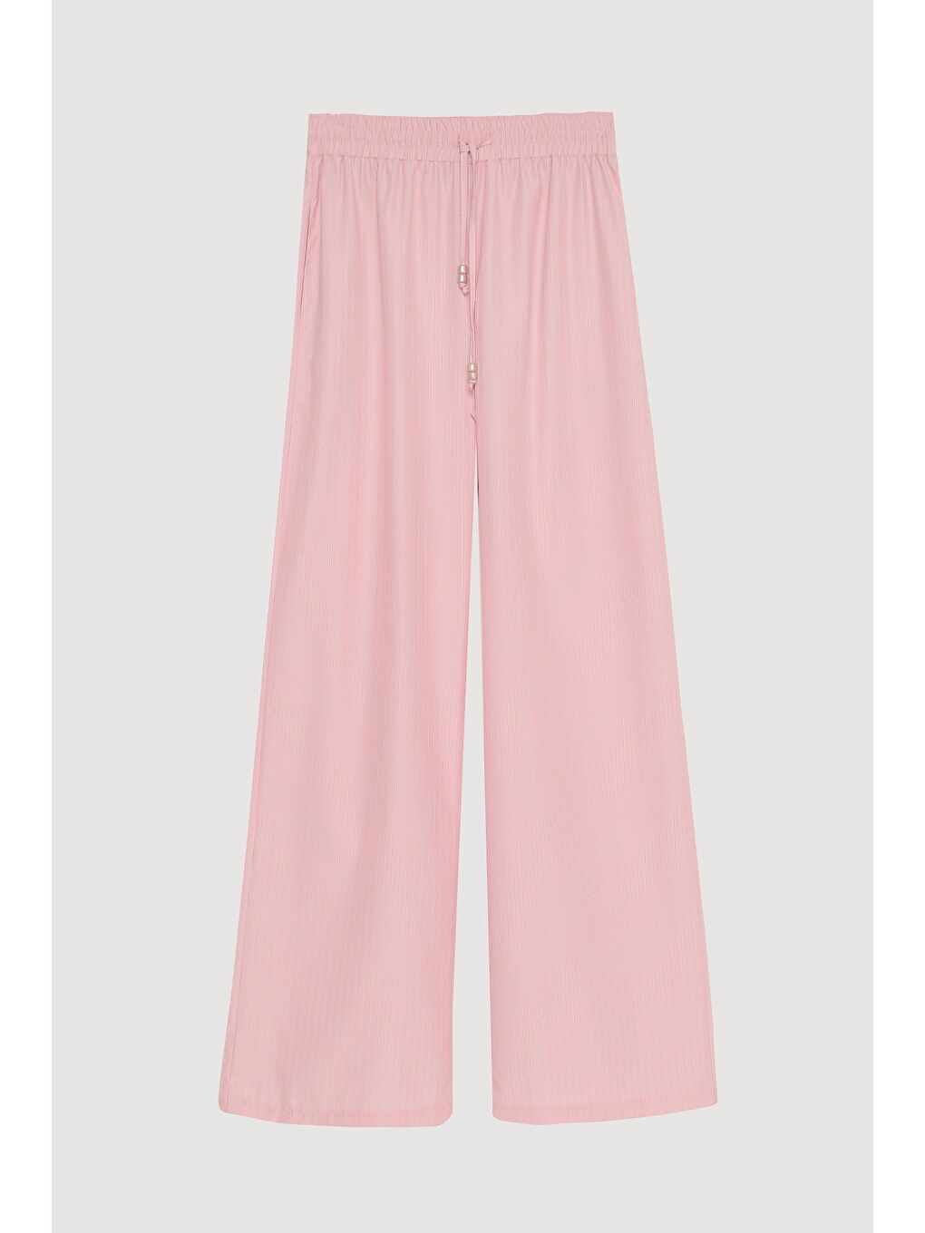 Beli Lastikli İnce Çizgili Geniş Paça Pantolon Pembe