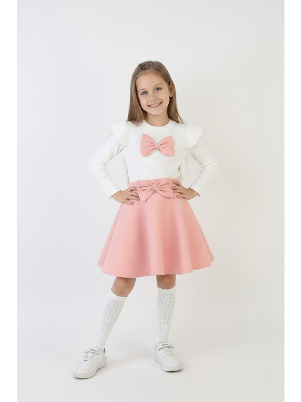 Pembe Kız Çocuk 2'li Elbise Taş Süslemeli Etek+Omuz Detaylı ve Fiyonklu Bluz 4-9 Yaş 12503