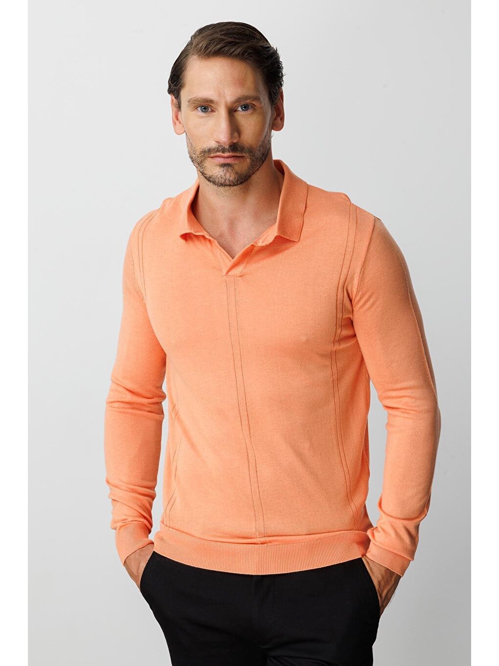 Turuncu Yavruağzı Polo Yaka Düz Uzun Kollu Triko