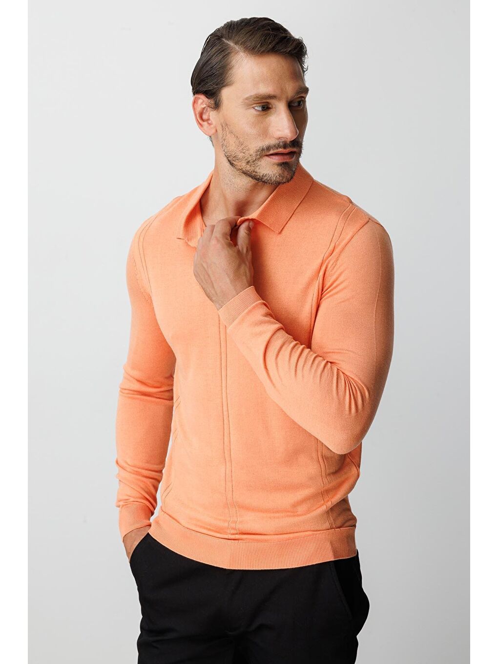 Turuncu Yavruağzı Polo Yaka Düz Uzun Kollu Triko-1