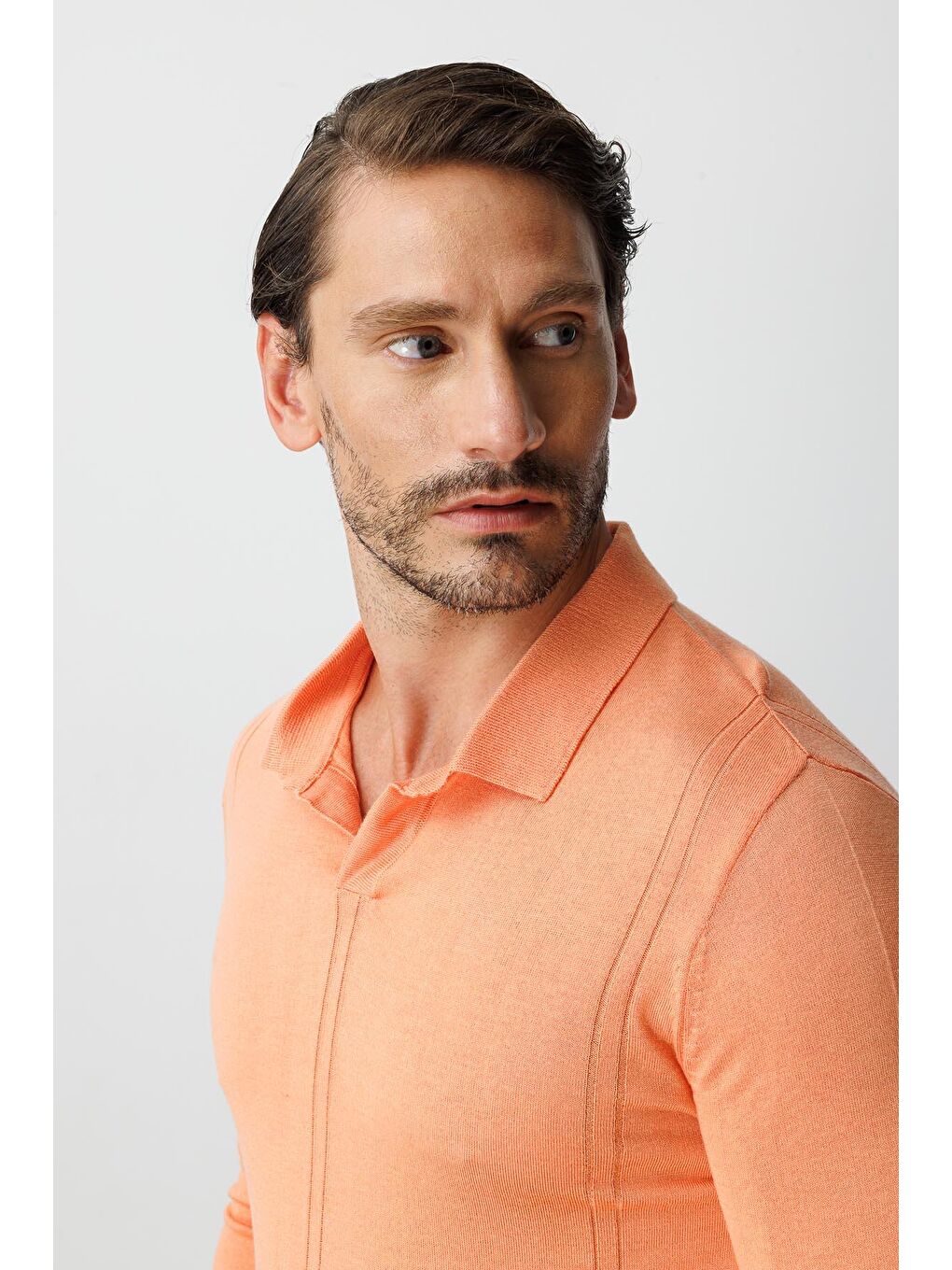 Turuncu Yavruağzı Polo Yaka Düz Uzun Kollu Triko-3