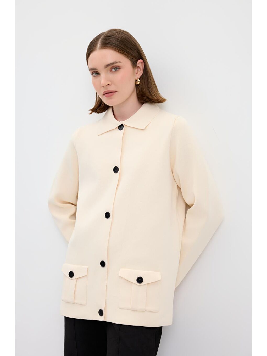 Ekru Düz Renk Cepli Triko Hırka Kemik-2