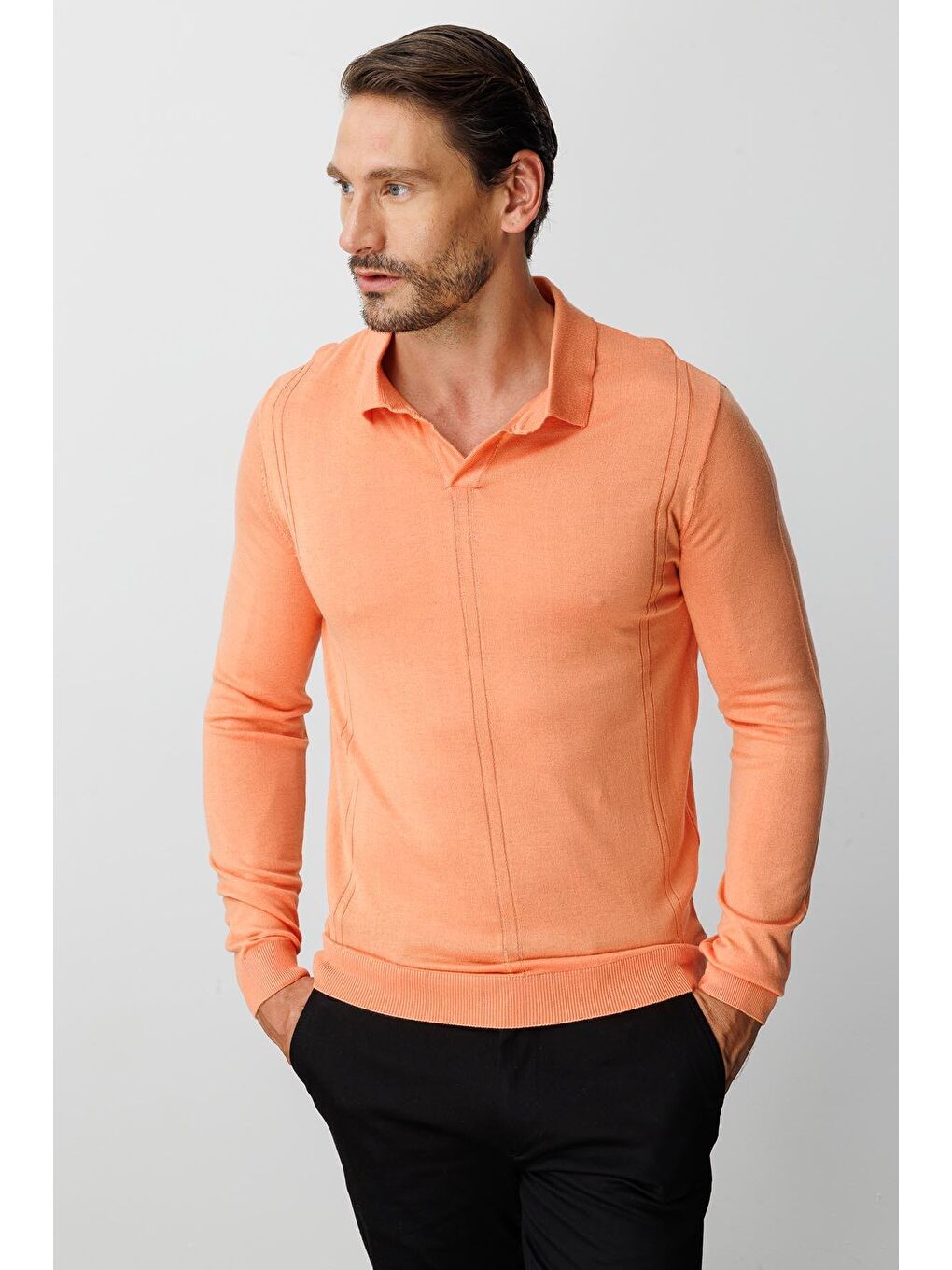 Turuncu Yavruağzı Polo Yaka Düz Uzun Kollu Triko-4