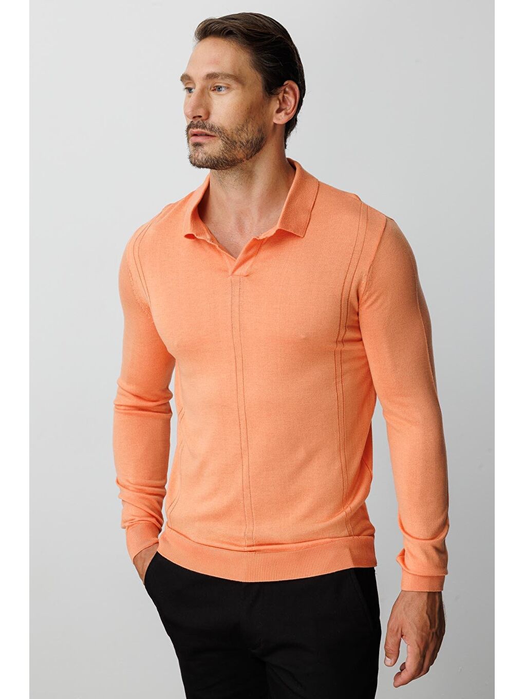 Turuncu Yavruağzı Polo Yaka Düz Uzun Kollu Triko-5