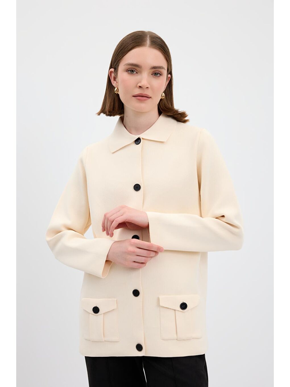 Ekru Düz Renk Cepli Triko Hırka Kemik-3