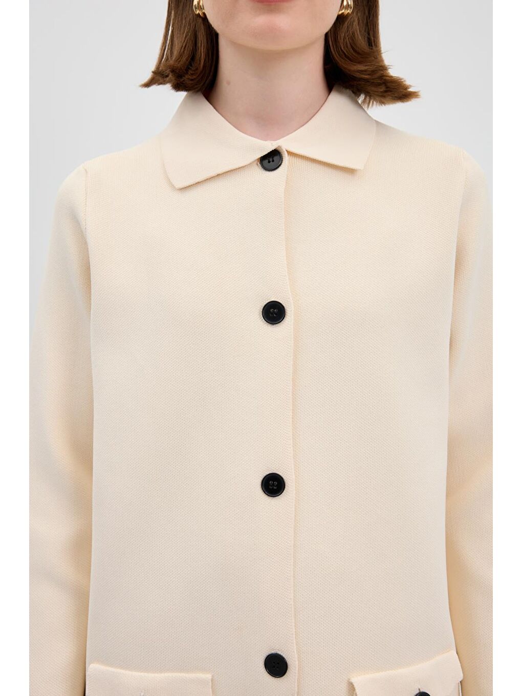 Ekru Düz Renk Cepli Triko Hırka Kemik-4