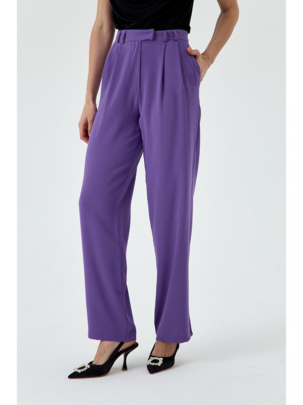 Pileli Palazzo Mor Kadın Pantolon-5