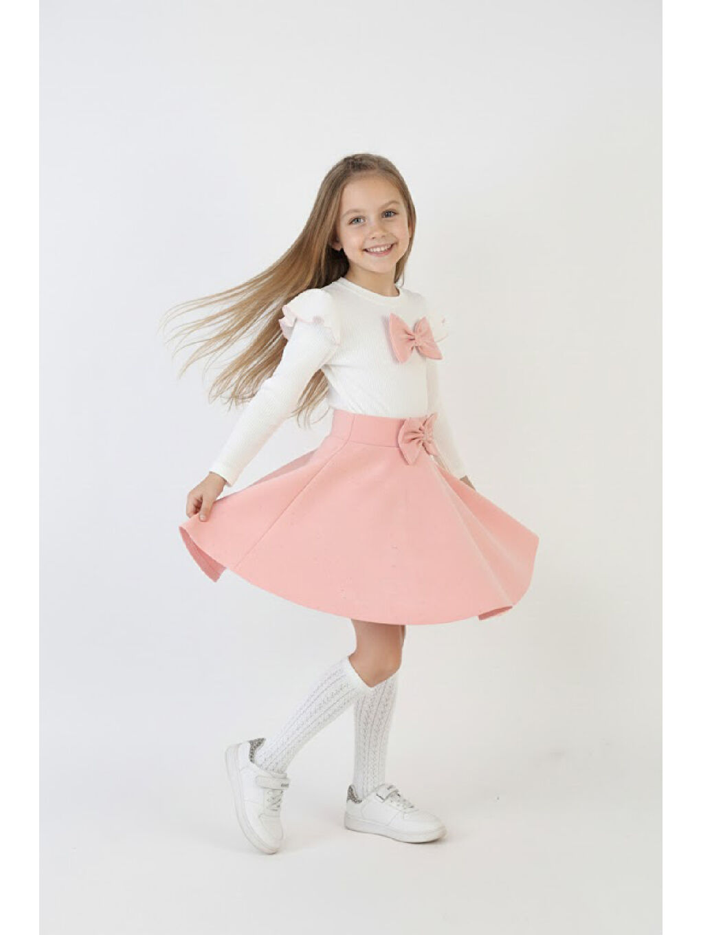 Pembe Kız Çocuk 2'li Elbise Taş Süslemeli Etek+Omuz Detaylı ve Fiyonklu Bluz 4-9 Yaş 12503-2