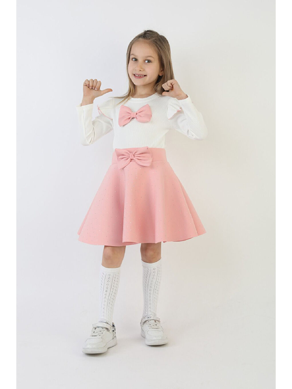 Pembe Kız Çocuk 2'li Elbise Taş Süslemeli Etek+Omuz Detaylı ve Fiyonklu Bluz 4-9 Yaş 12503-3
