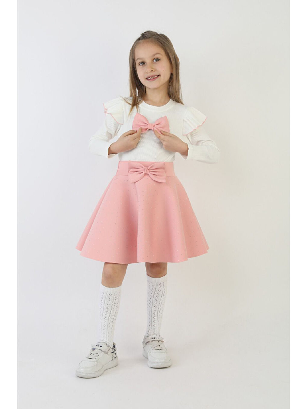Pembe Kız Çocuk 2'li Elbise Taş Süslemeli Etek+Omuz Detaylı ve Fiyonklu Bluz 4-9 Yaş 12503-4