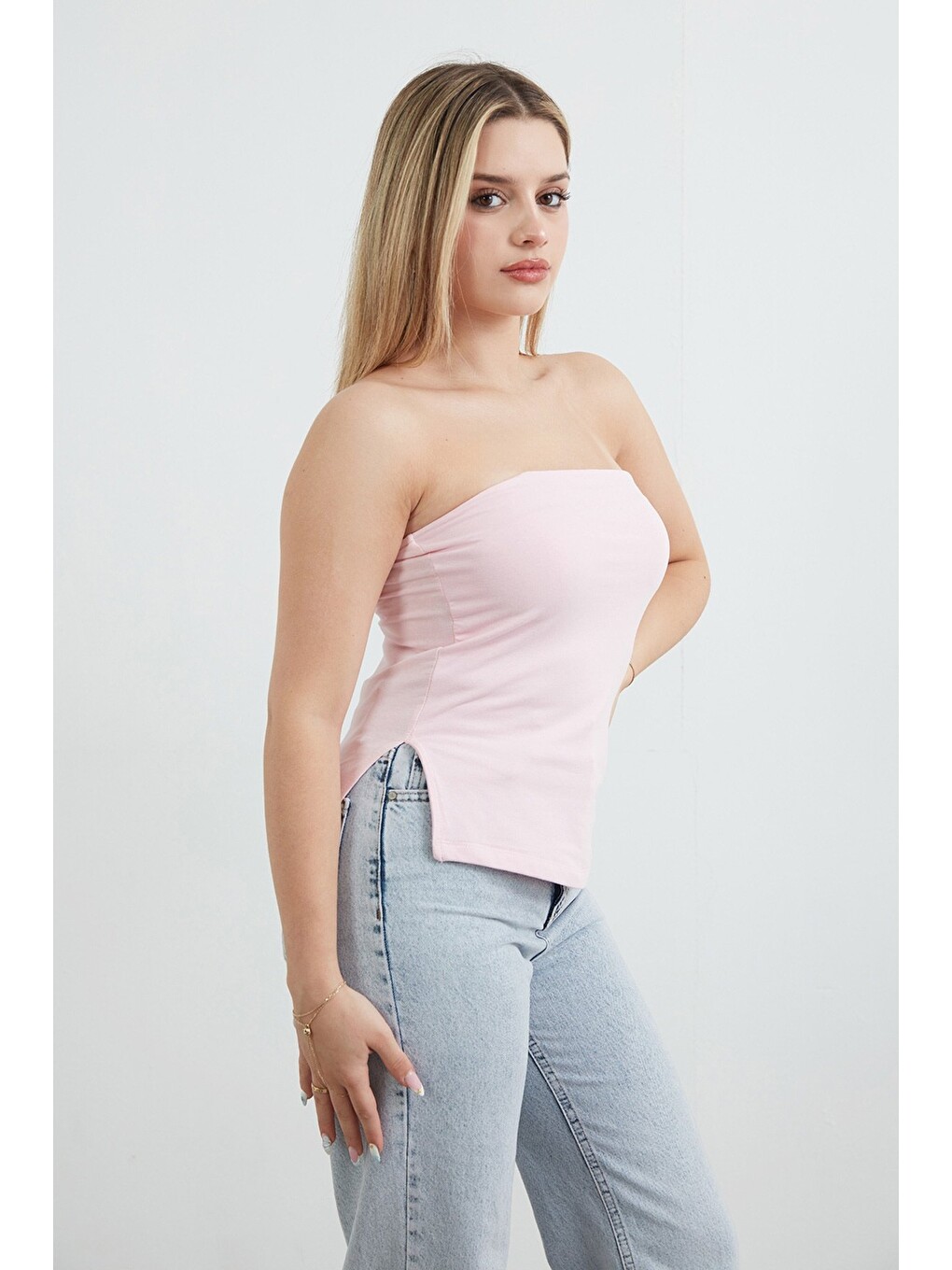 Pembe Basic Yanları Yırtmaçlı Straplez Büstiyer-1