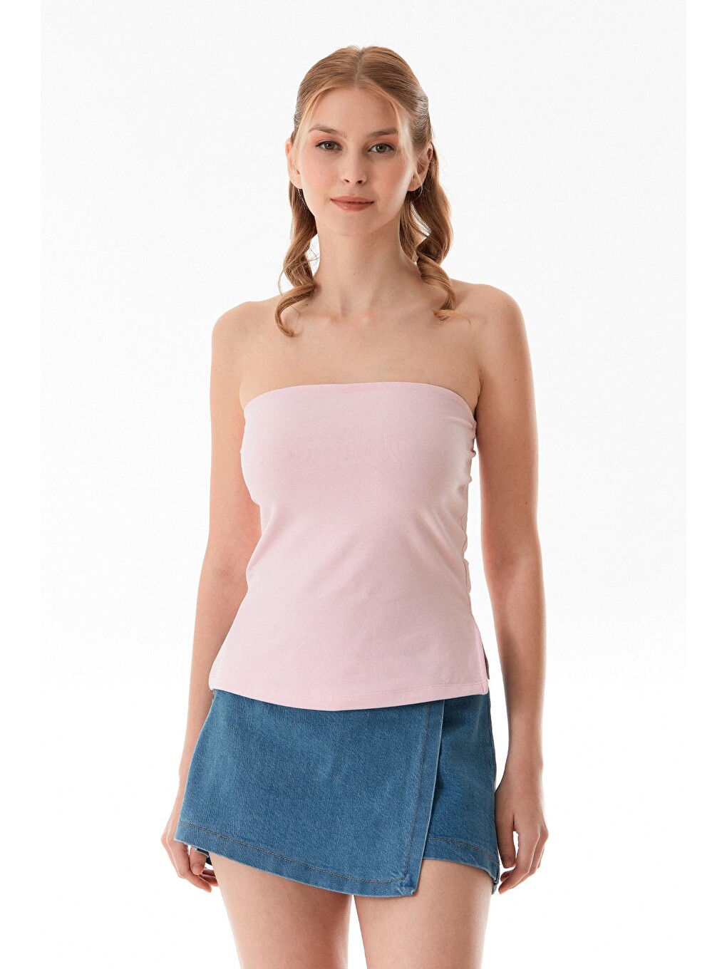 Pembe Basic Yanları Yırtmaçlı Straplez Büstiyer-4