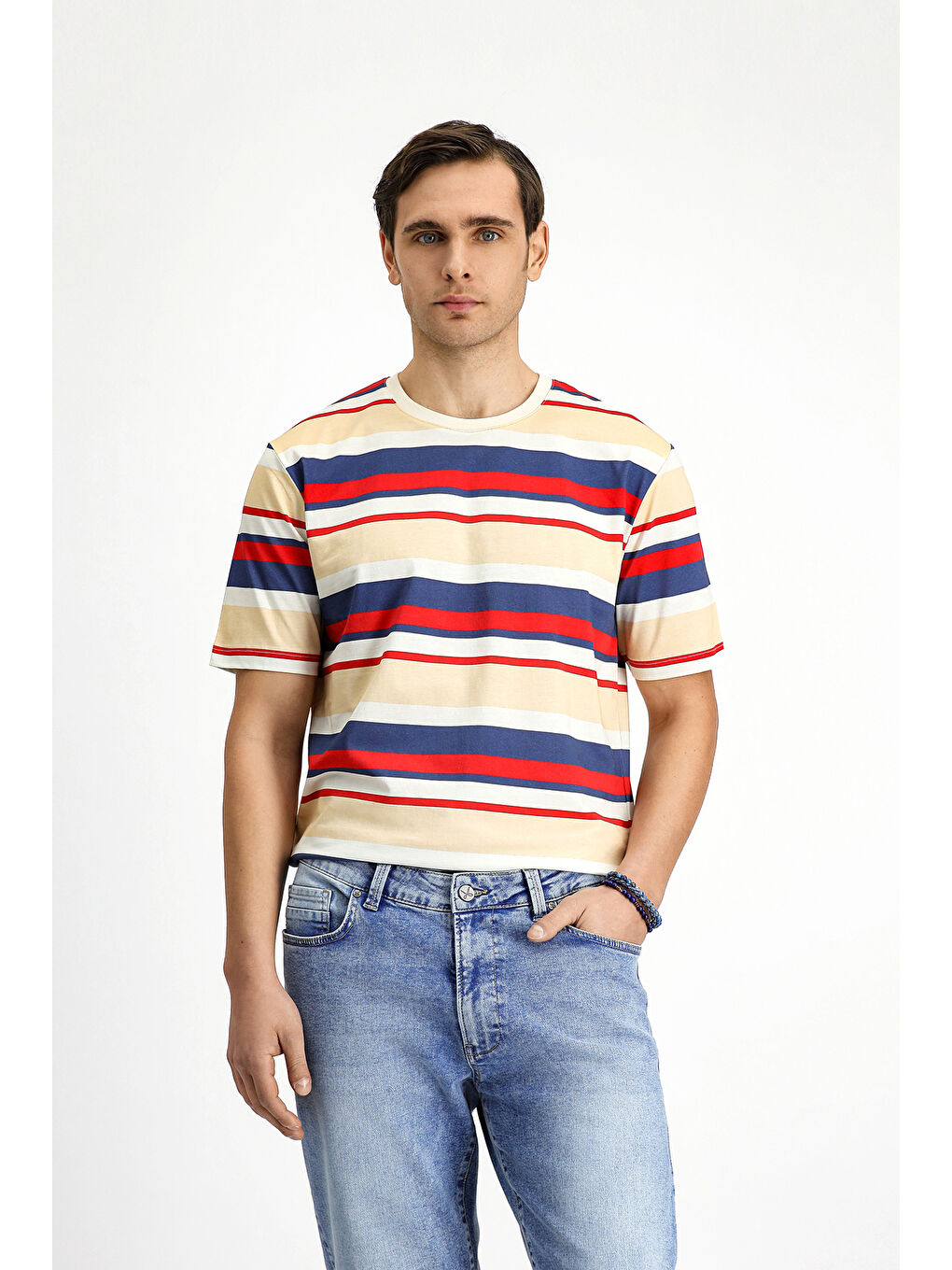 Kırmızı Bisiklet Yaka Regular Fit Pamuk Çizgili Tişört