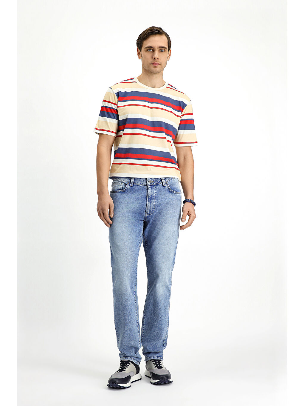 Kırmızı Bisiklet Yaka Regular Fit Pamuk Çizgili Tişört-1