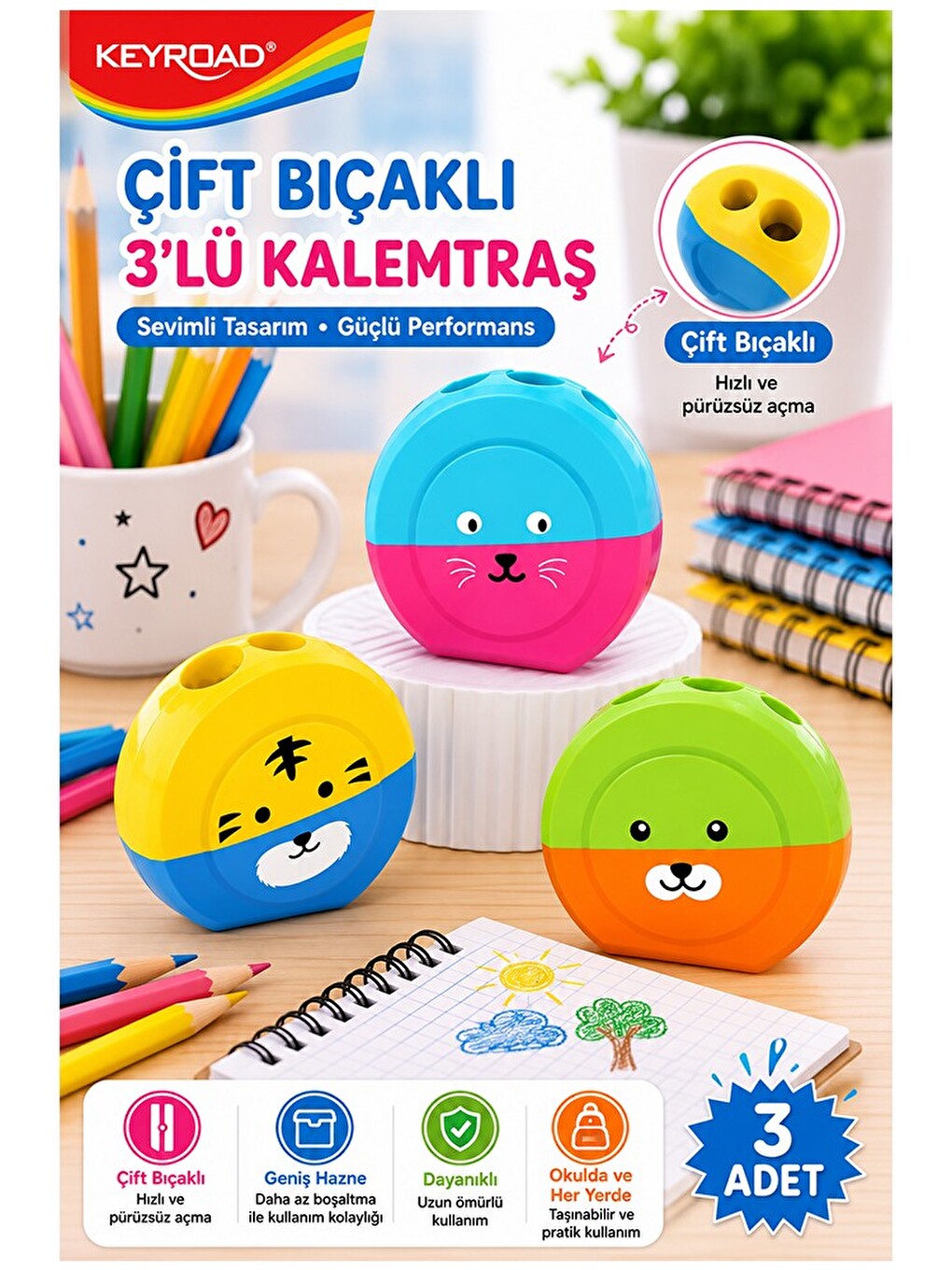 Renkli Sevimli Kalemtraş Keyroad Kr-971839 3 Adet Hazneli Çift Bıçaklı Kalem Açacağı Plastik Kalemtı