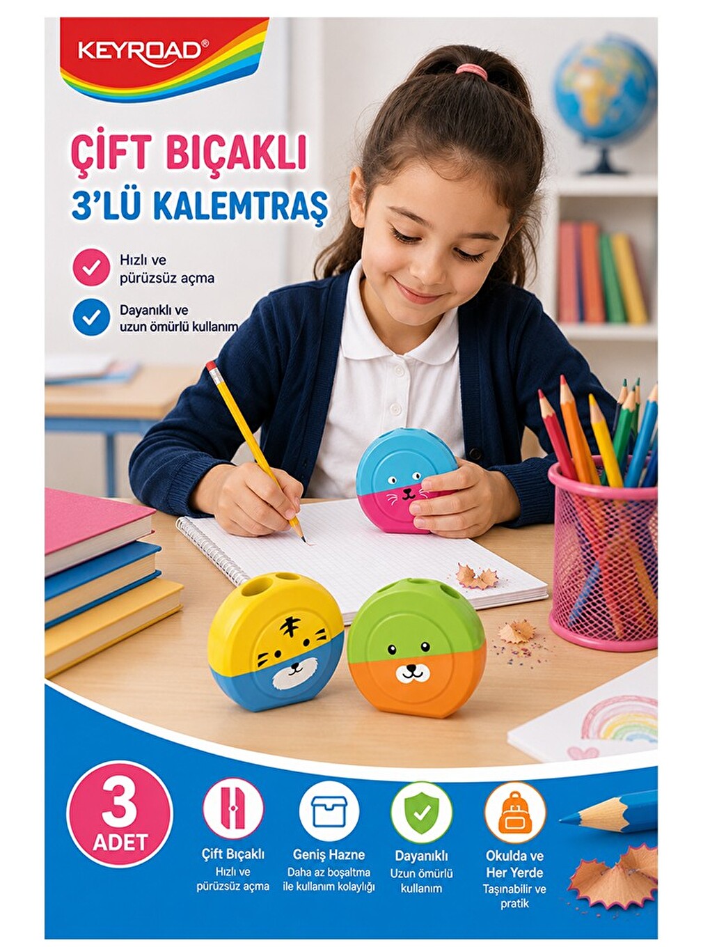Renkli Sevimli Kalemtraş Keyroad Kr-971839 3 Adet Hazneli Çift Bıçaklı Kalem Açacağı Plastik Kalemtı-1