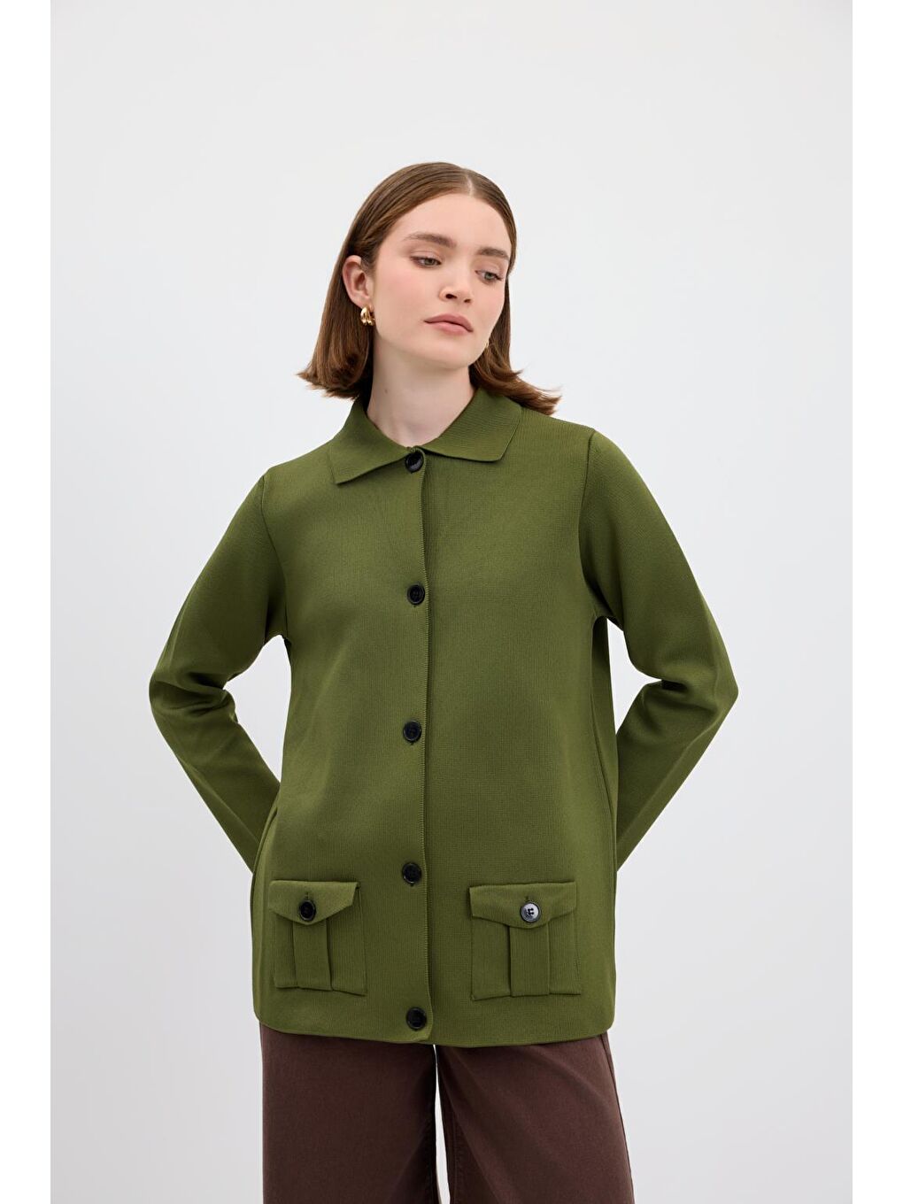 Düz Renk Cepli Triko Hırka Yağ Yeşili