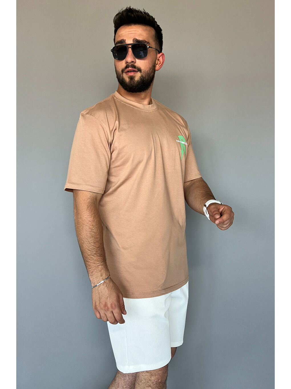 Bej Baskılı Erkek Tişört-3