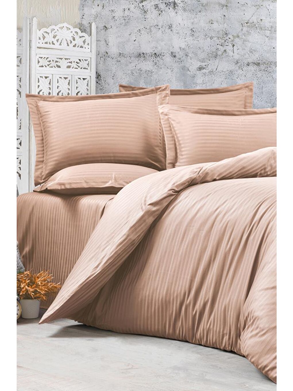 Stripe Tek Kişilik PollySaten Nevresim Takımı Bej