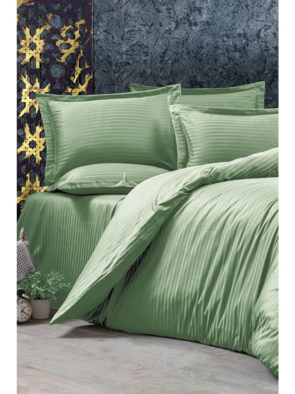 Stripe Tek Kişilik PollySaten Nevresim Takımı Yeşil