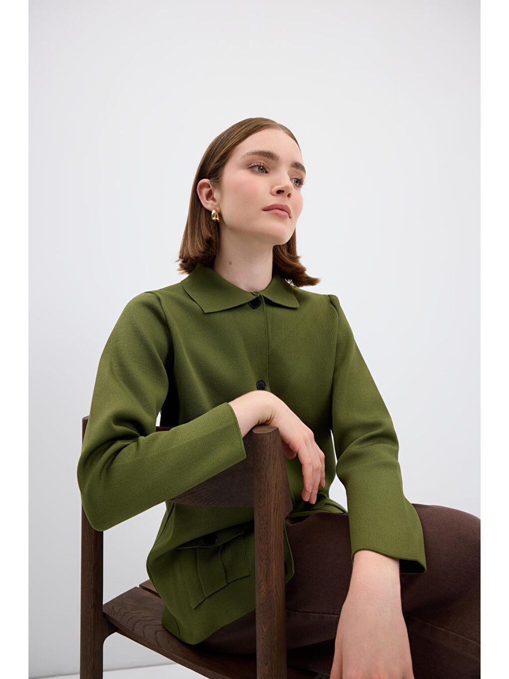 Düz Renk Cepli Triko Hırka Yağ Yeşili-2