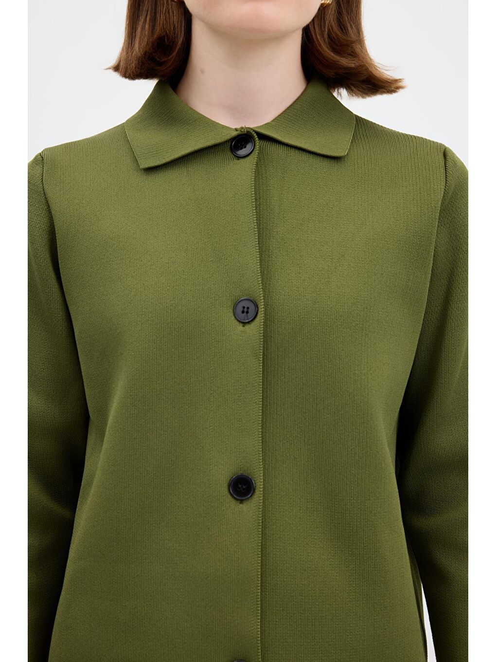 Düz Renk Cepli Triko Hırka Yağ Yeşili-3