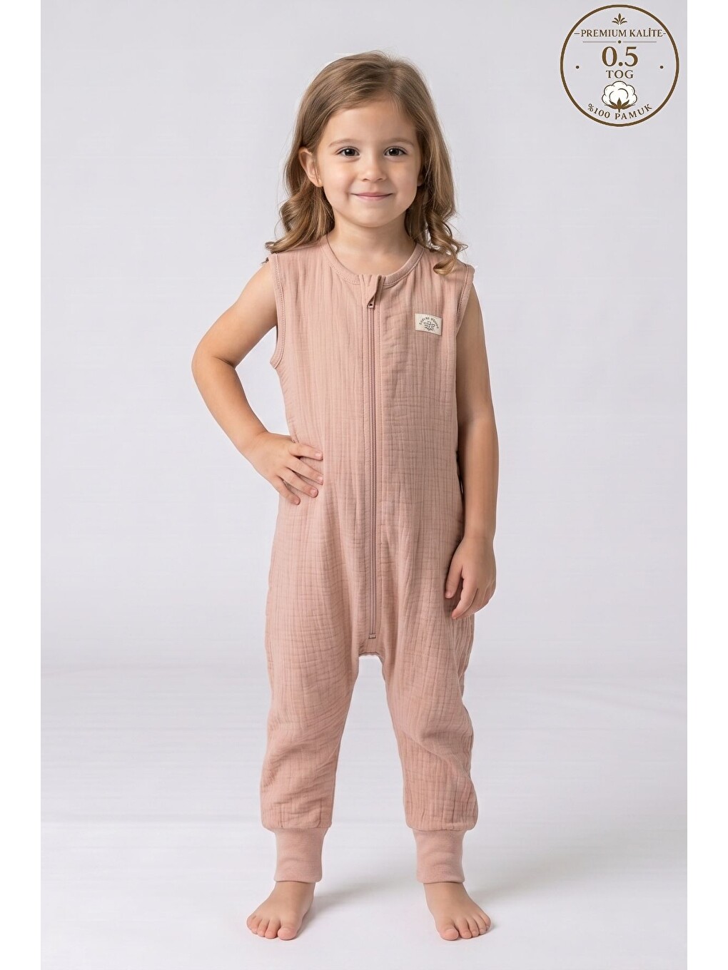 Pembe Müslin Kız Çocuk Uyku Tulumu 2 Katlı 0.5 Tog  - %100 Pamuk Nefes Alabilen Kumaş 3-11 Yaş