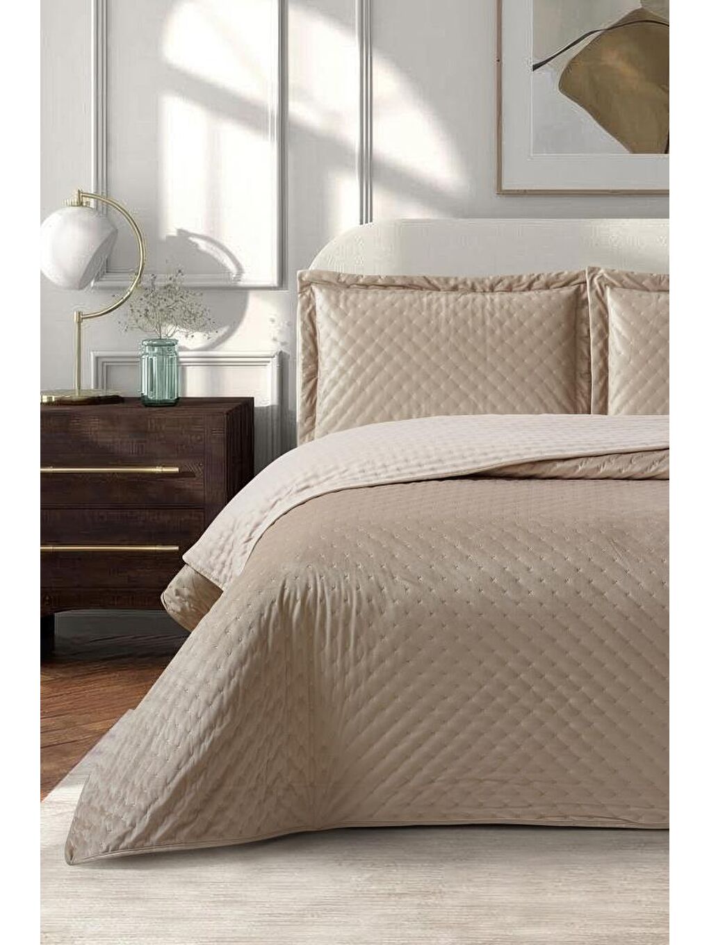 Kahverengi Parma Çift Kişilik Lüks Kadife 240x260 cm Yatak Örtüsü Cappucino