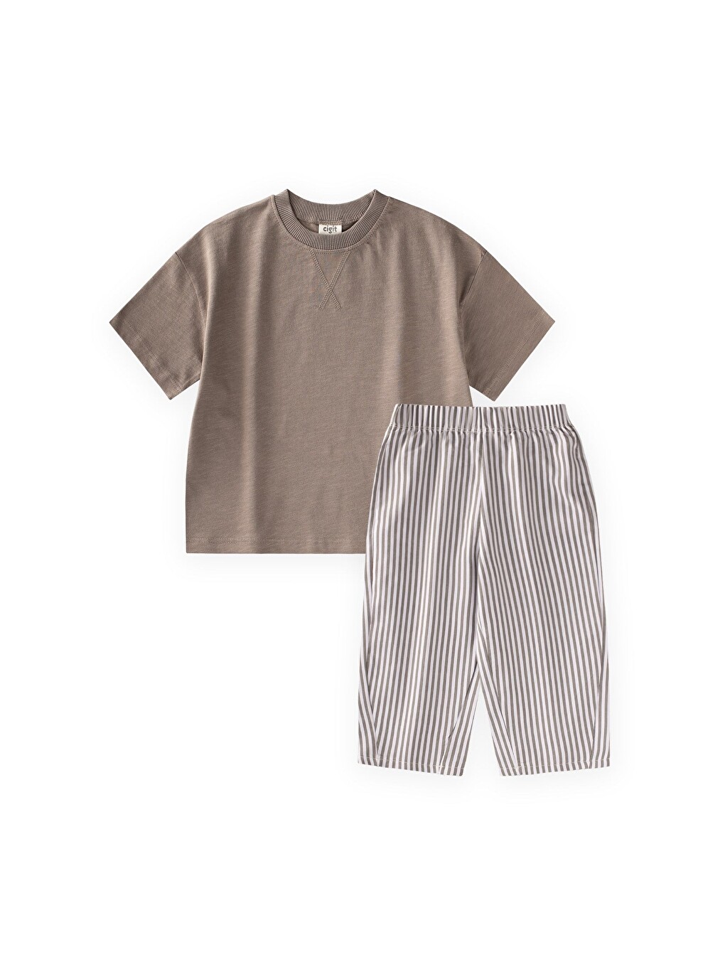 Bej Oversize T-Shirt Takım 2-10 Yaş Vizon-1