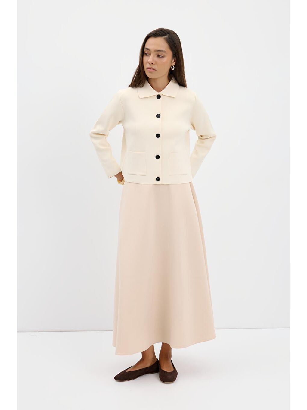 Ekru Düz Renk Midi Triko Hırka Kemik-1