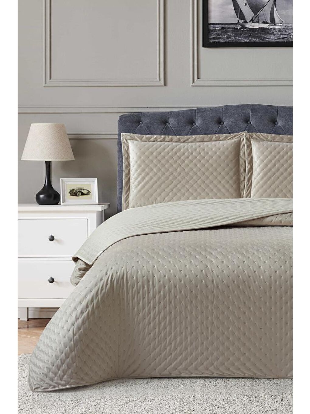 Parma Çift Kişilik Lüks Kadife 240x260 cm Yatak Örtüsü Bej