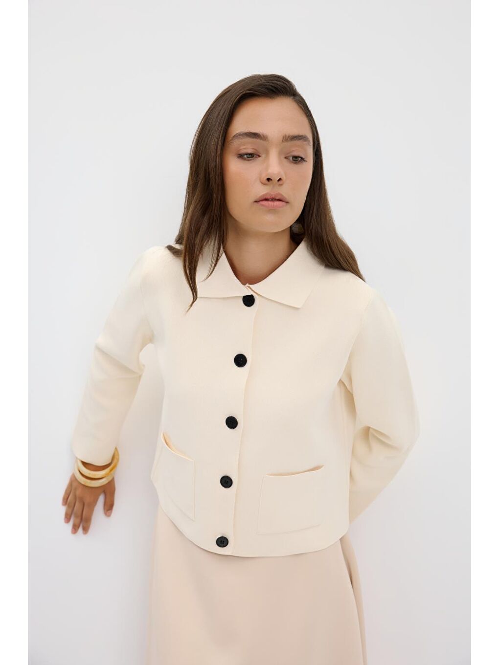 Ekru Düz Renk Midi Triko Hırka Kemik-2