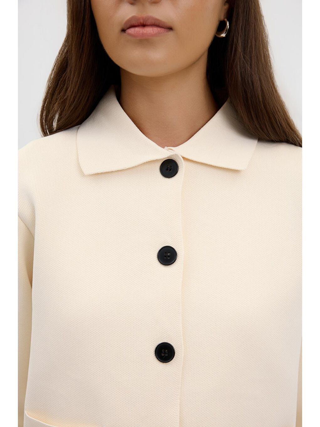 Ekru Düz Renk Midi Triko Hırka Kemik-3