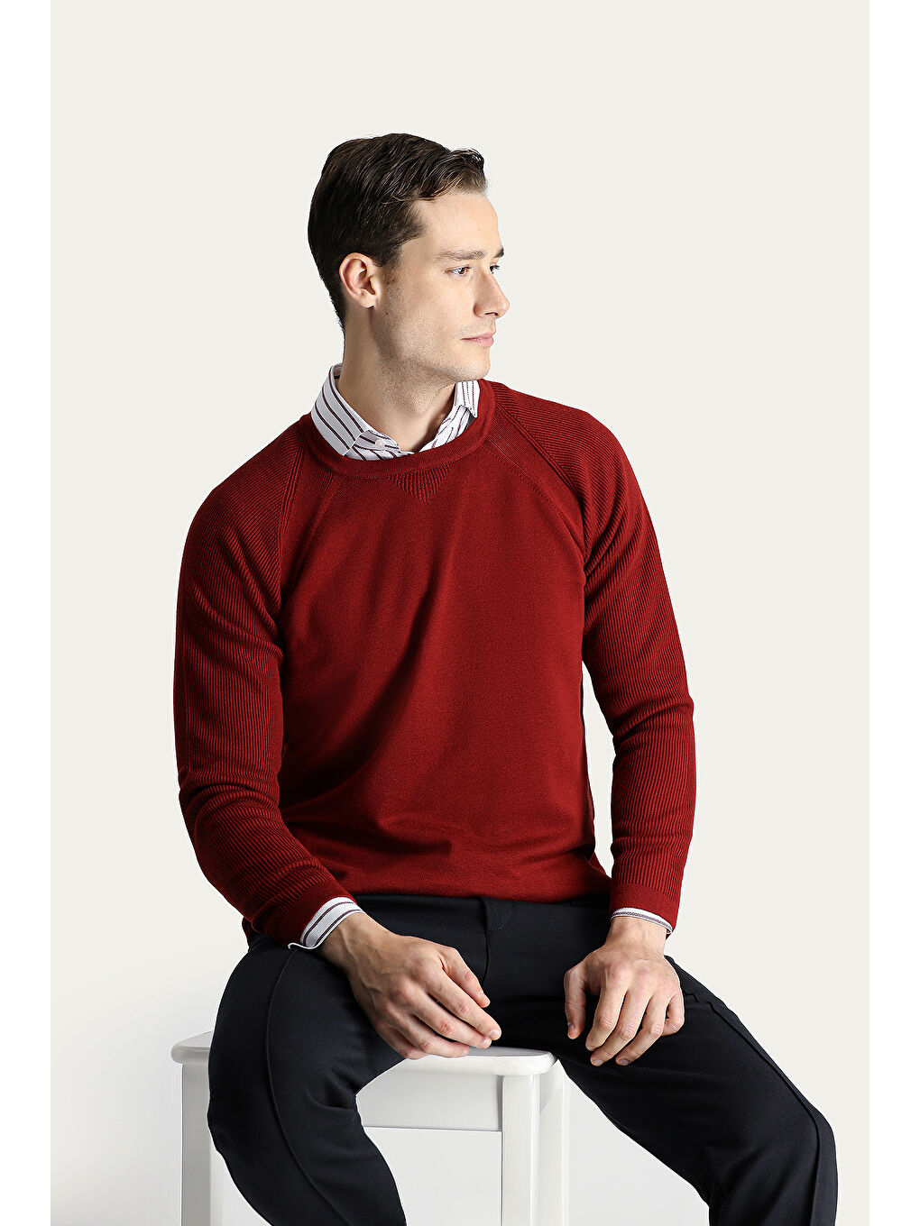 Kahverengi Bisiklet Yaka Slim Fit Dar Kesim Desenli Pamuklu Triko Kazak