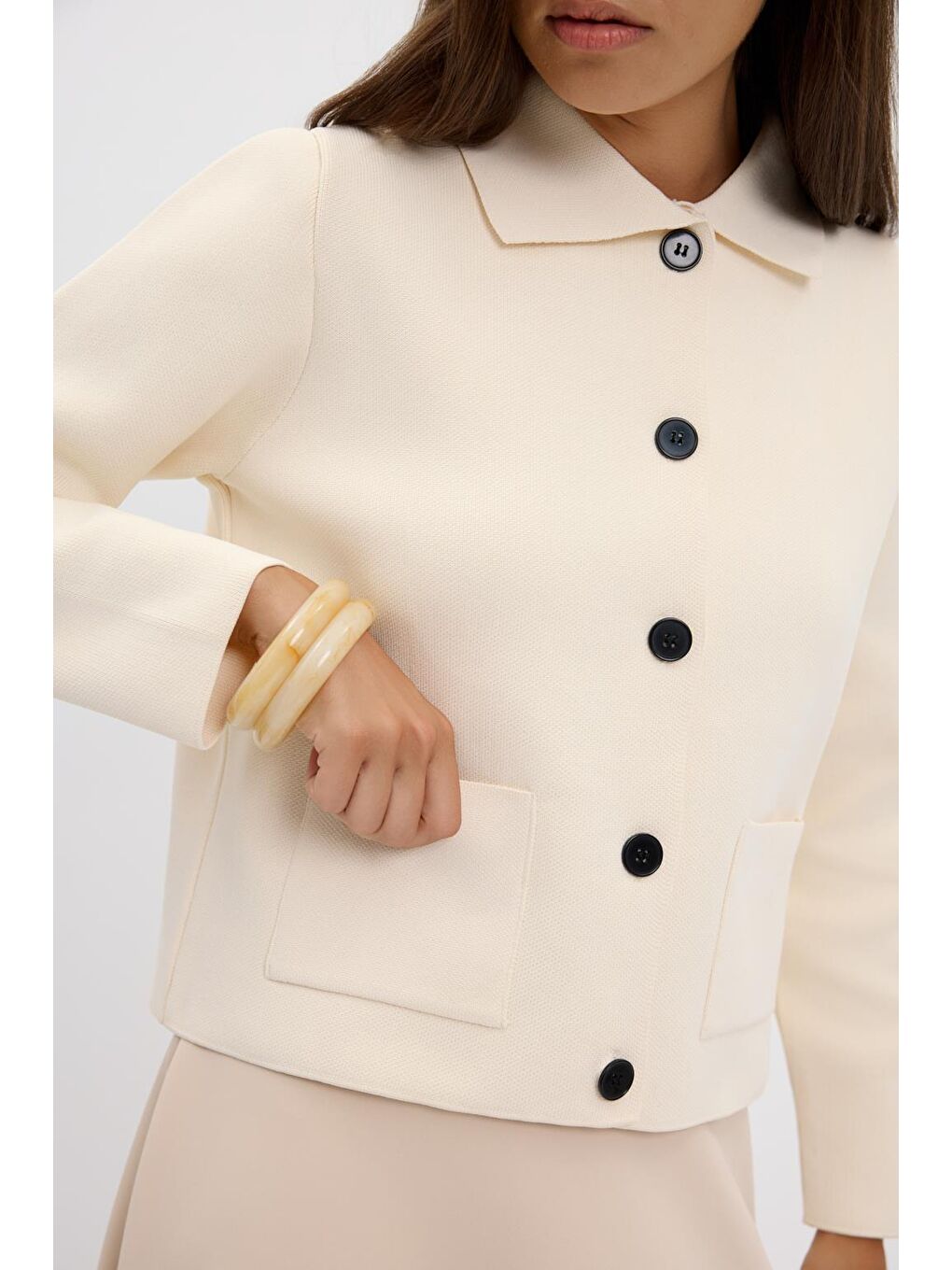 Ekru Düz Renk Midi Triko Hırka Kemik-4