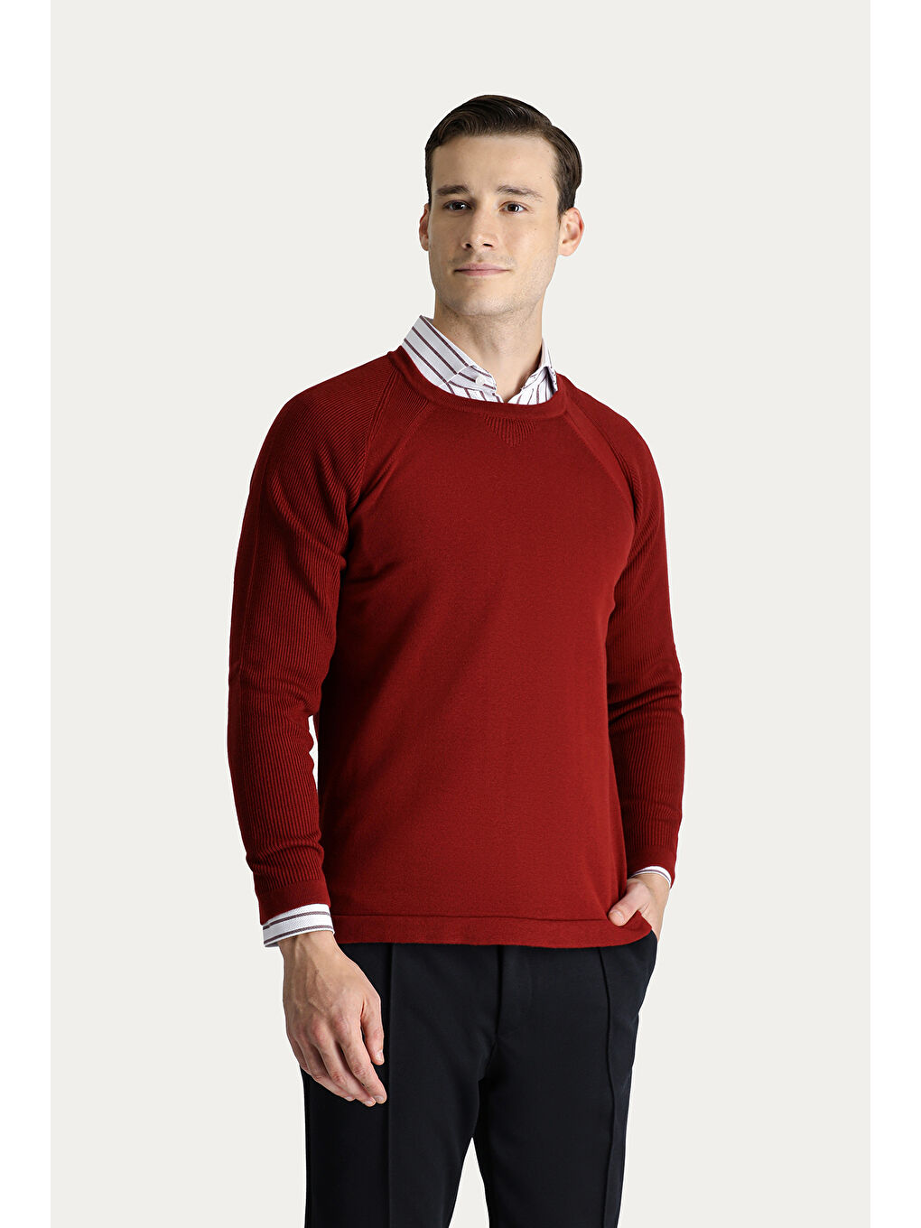 Kahverengi Bisiklet Yaka Slim Fit Dar Kesim Desenli Pamuklu Triko Kazak-1