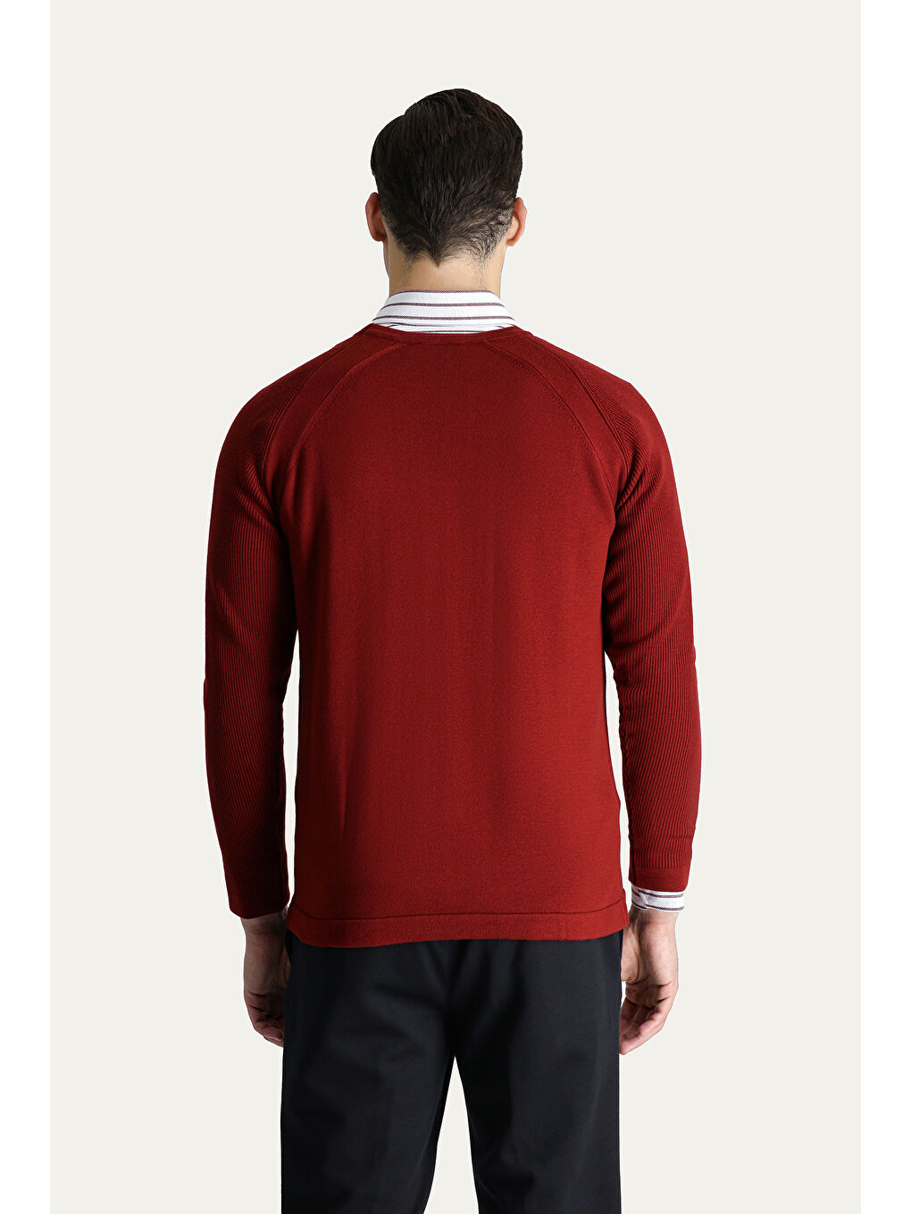 Kahverengi Bisiklet Yaka Slim Fit Dar Kesim Desenli Pamuklu Triko Kazak-2