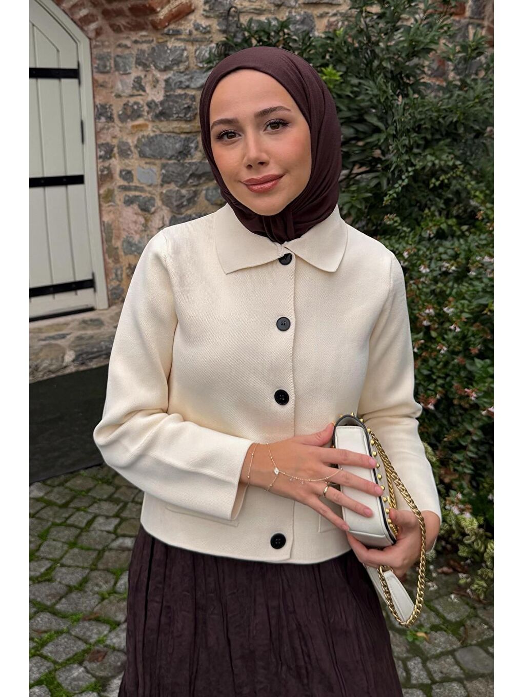 Ekru Düz Renk Midi Triko Hırka Kemik-6