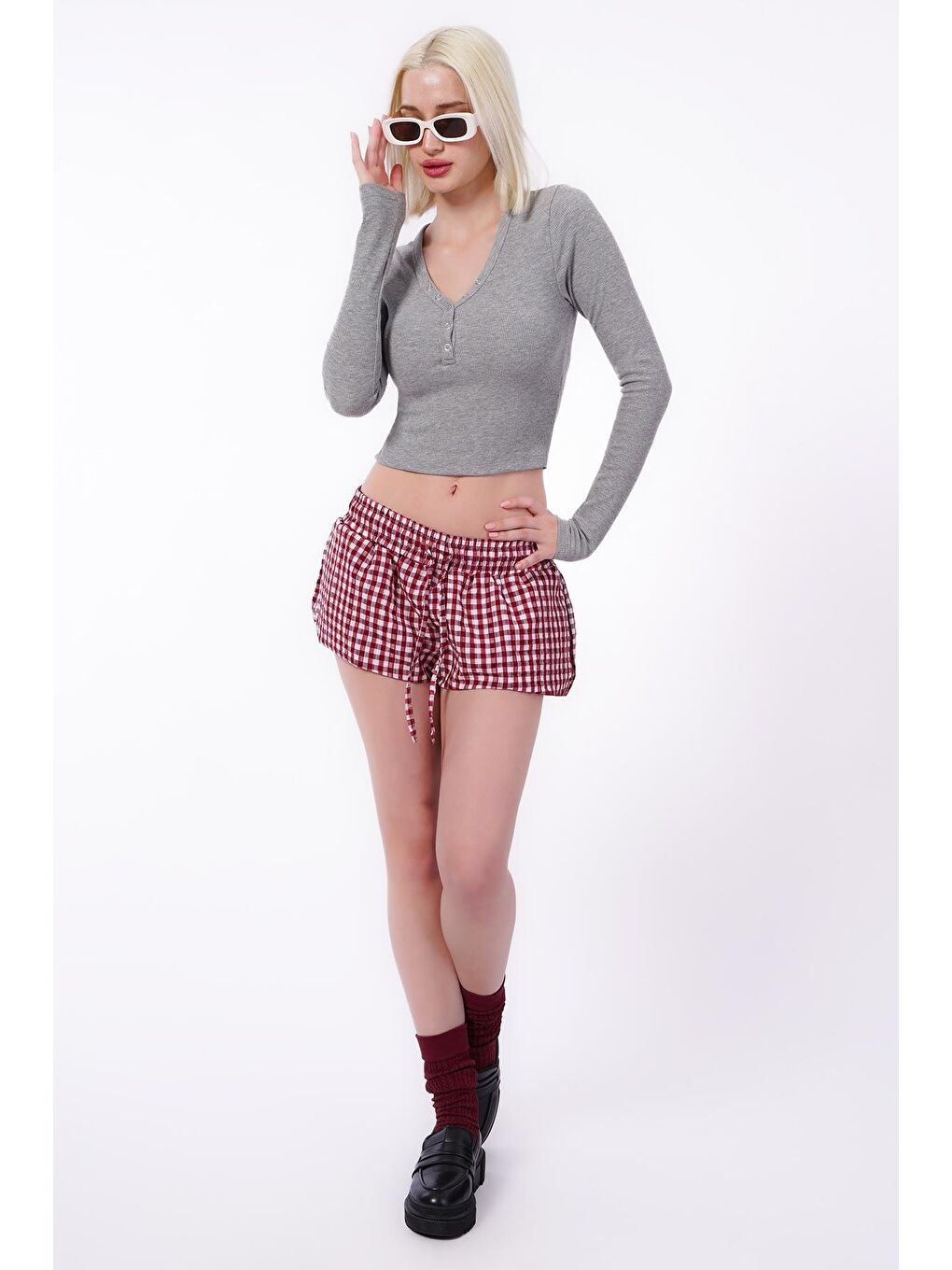 Gri V Yaka Uzun Kollu Düğme Detaylı Kaşkorse Bodysuit Mg2194-7