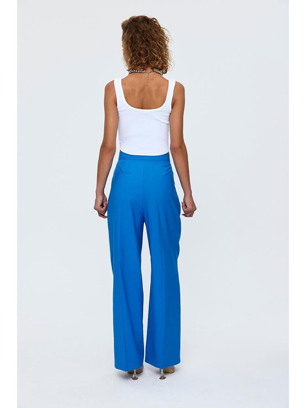 Pileli Palazzo Saks Mavi Kadın Pantolon-1