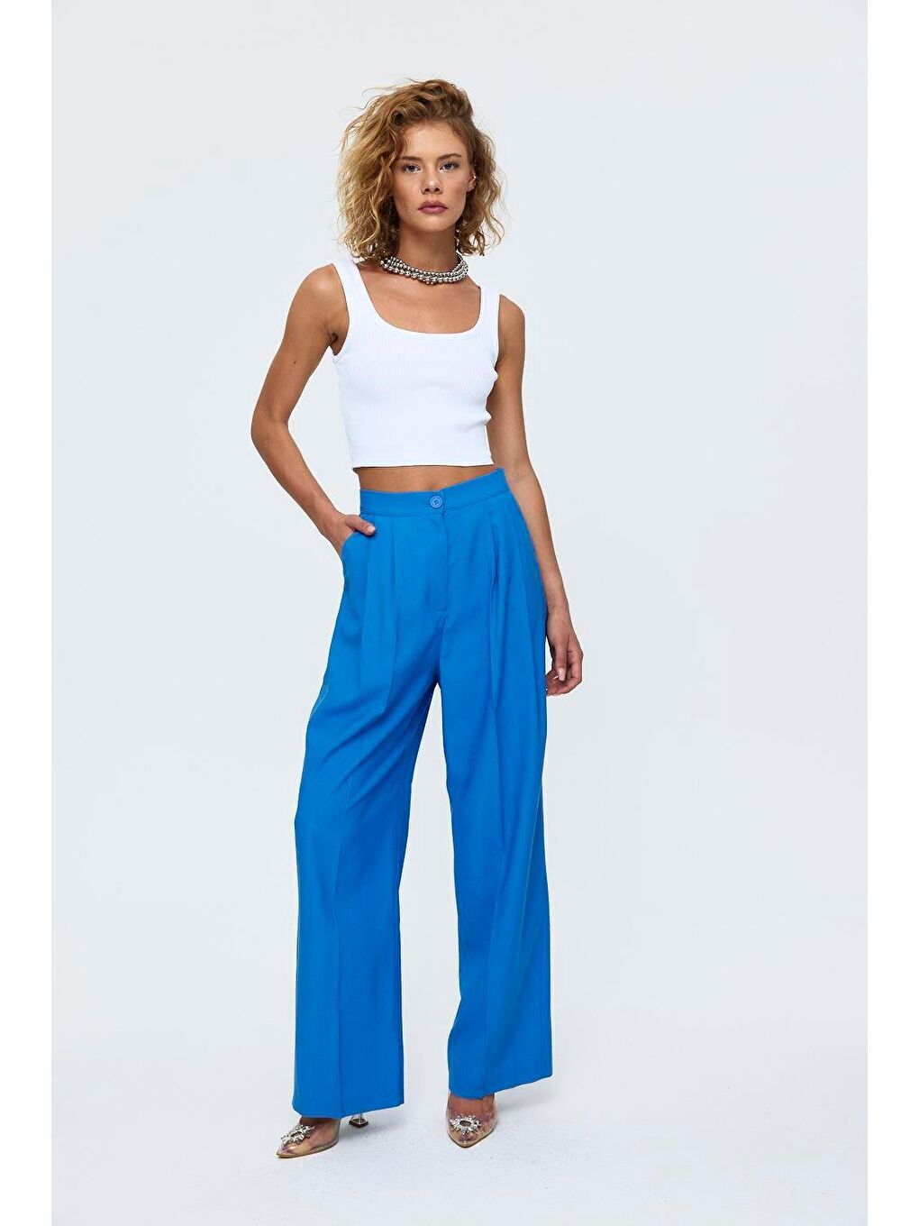 Pileli Palazzo Saks Mavi Kadın Pantolon-2